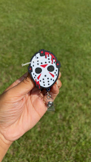 Bloody Hockey Mask Badge Reel & Keychain Set | Horror Halloween ID Holder